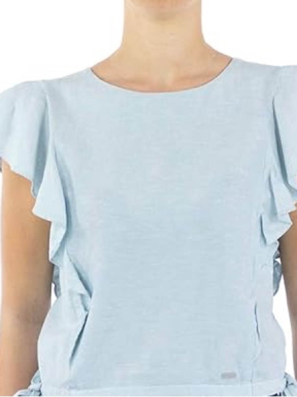 Armani Exchange Pale Blue Ruffle Crop Top with Side Ties